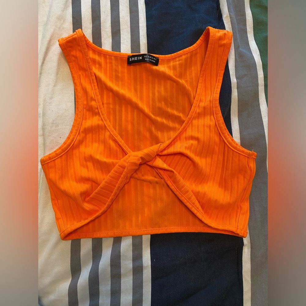 SHEIN Orange Ribbed Tie Front Crop Tank Top